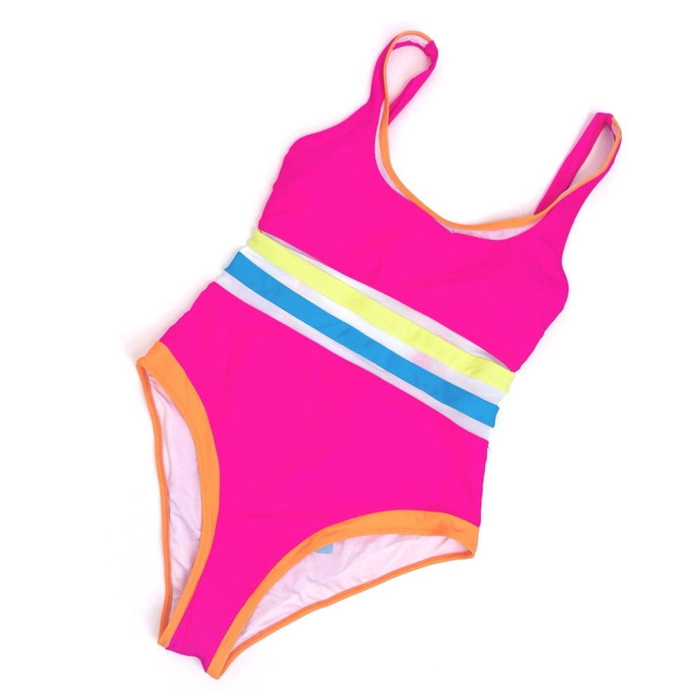 Popvil . Neon Pink Color Block One Piece Swimsuit